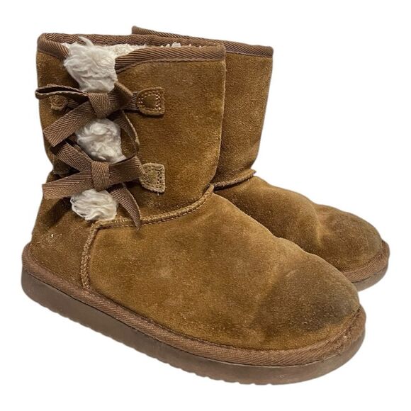 Koolaburra by Ugg | Brown Tan Lined Winter Warm Slip On Trendy Boots Girls 3 - Picture 3 of 10